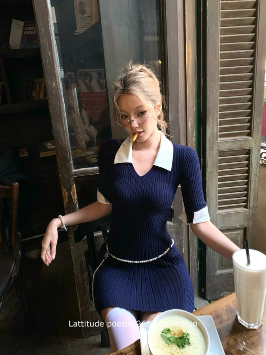 Lattitude/Yang Xiaolu "Hot Nerd" Deep Royal Blue Preppy-Style Faux-Layered Slim-Fit Knit Dress