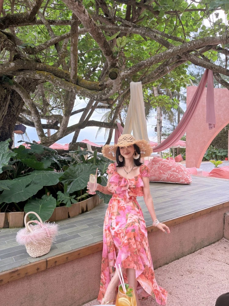 Wu Lingling [Summer Fragrance] French Floral Square Neck Elegant Dress Retro Waist-cinching Skirt