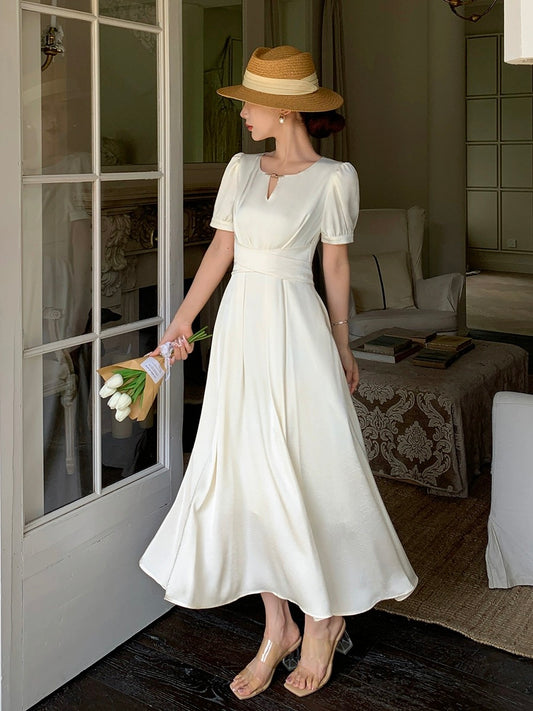 Guo Ge's 2024 new summer style off-white dress for women French slim and gentle style satin lace long skirt