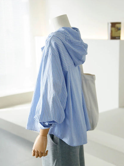 CHAO-level recommendation! Refreshing youth feeling ~ Korean style refreshing blue striped shirt women's summer hooded sun protection clothing