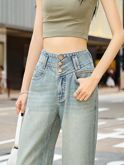 Light Blue Buttoned High Waisted Wide Leg Jeans Women's Straight Leg Loose Drape 2024 Autumn New Hong Kong Style Trousers