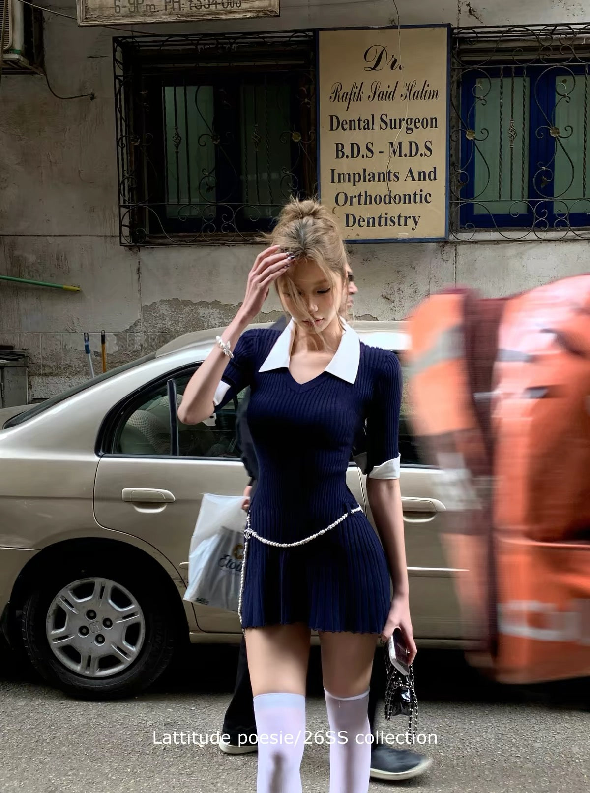 Lattitude/Yang Xiaolu "Hot Nerd" Deep Royal Blue Preppy-Style Faux-Layered Slim-Fit Knit Dress