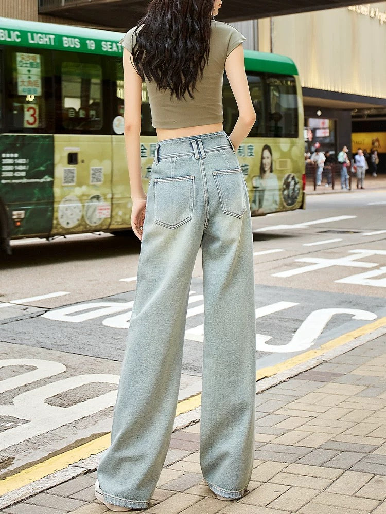 Light Blue Buttoned High Waisted Wide Leg Jeans Women's Straight Leg Loose Drape 2024 Autumn New Hong Kong Style Trousers