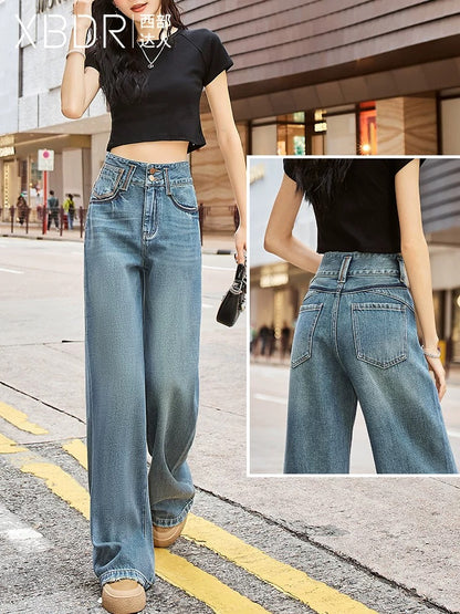 High-waisted double-button topstitched wide-leg jeans for women, straight-leg loose 2024 autumn new style drapey Hong Kong style trousers