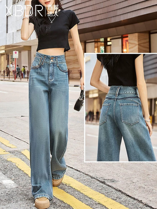 High-waisted double-button topstitched wide-leg jeans for women, straight-leg loose 2024 autumn new style drapey Hong Kong style trousers