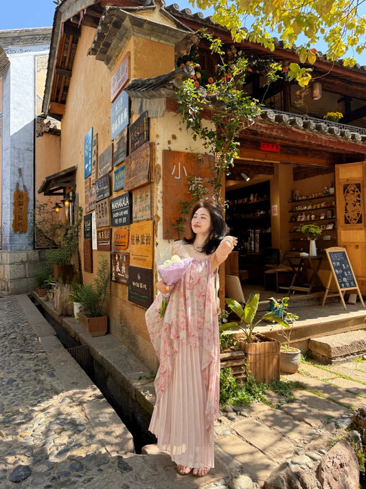 Wu Lingling [Little Begonia] Pink Tie-Dye Spaghetti Strap Dress for Women, Super Fairy-Style Vacation Dress, Slimming Long Dress