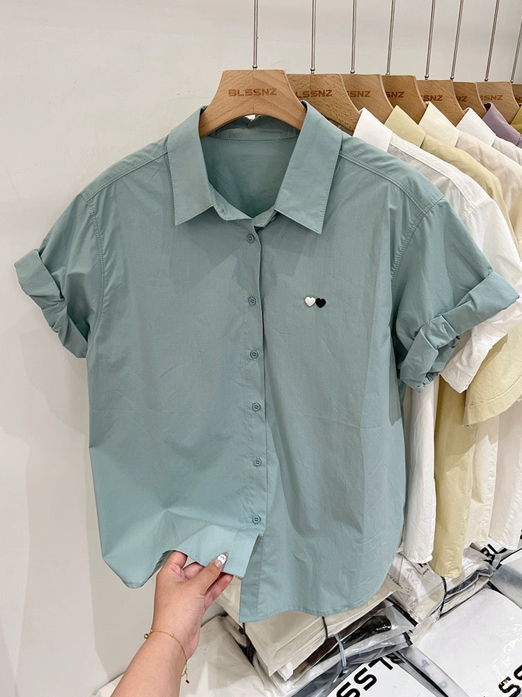 Lake blue love embroidered right shoulder short-sleeved shirt for women loose summer design niche casual shirt tops