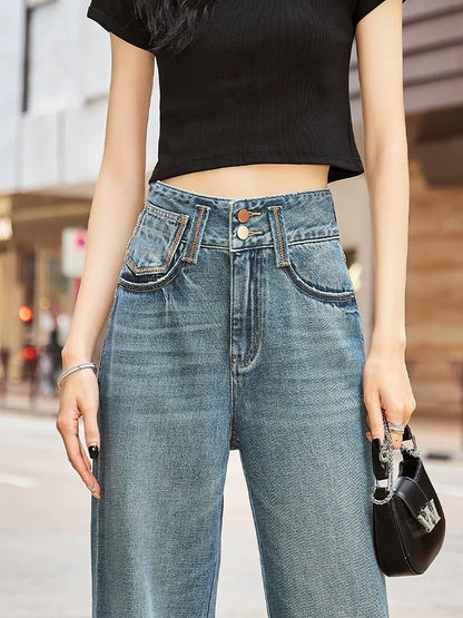 High-waisted double-button topstitched wide-leg jeans for women, straight-leg loose 2024 autumn new style drapey Hong Kong style trousers