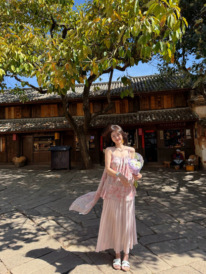 Wu Lingling [Little Begonia] Pink Tie-Dye Spaghetti Strap Dress for Women, Super Fairy-Style Vacation Dress, Slimming Long Dress