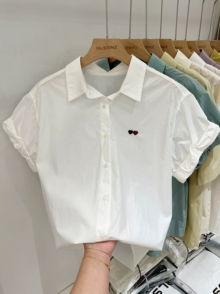 Lake blue love embroidered right shoulder short-sleeved shirt for women loose summer design niche casual shirt tops