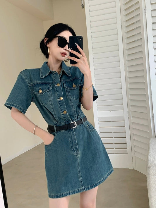 FT GUOGE blue denim dress for women 2024 new summer style super nice retro waist slimming short skirt