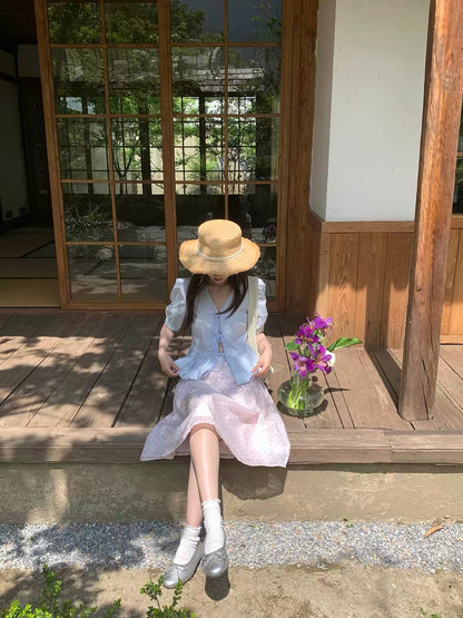 Xinbangbang – Refreshing Sea Salt Blue Lace-Trimmed V-Neck Puff-Sleeve Blouse with Tie-Front, Pleats, and Ruffles
