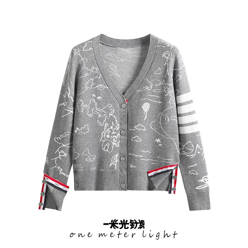 Autumn and winter new European and American style four-stripe webbing cartoon jacquard v-neck casual knitted cardigan sweater jacket