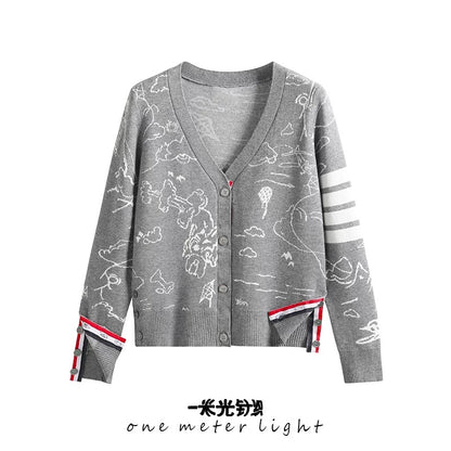 Autumn and winter new European and American style four-stripe webbing cartoon jacquard v-neck casual knitted cardigan sweater jacket