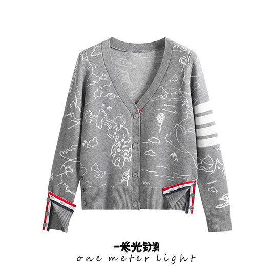 Autumn and winter new European and American style four-stripe webbing cartoon jacquard v-neck casual knitted cardigan sweater jacket