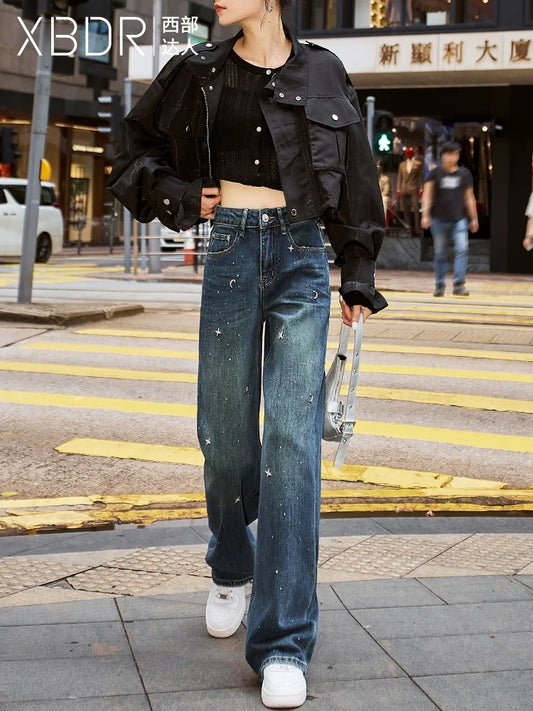 Hong Kong Style High Waist Narrow Straight Jeans Women's Loose Wide Legs 2024 Autumn and Winter New Style Long Pants with Diamonds