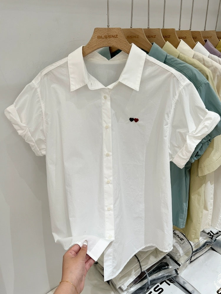 Lake blue love embroidered right shoulder short-sleeved shirt for women loose summer design niche casual shirt tops