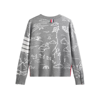 Autumn and winter new European and American style four-stripe webbing cartoon jacquard v-neck casual knitted cardigan sweater jacket