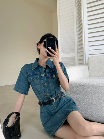 FT GUOGE blue denim dress for women 2024 new summer style super nice retro waist slimming short skirt