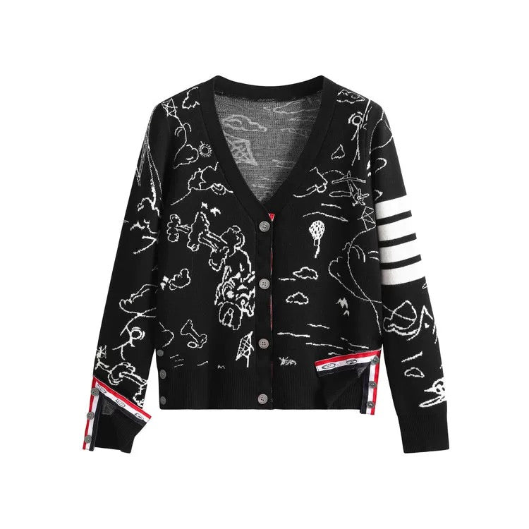 Autumn and winter new European and American style four-stripe webbing cartoon jacquard v-neck casual knitted cardigan sweater jacket