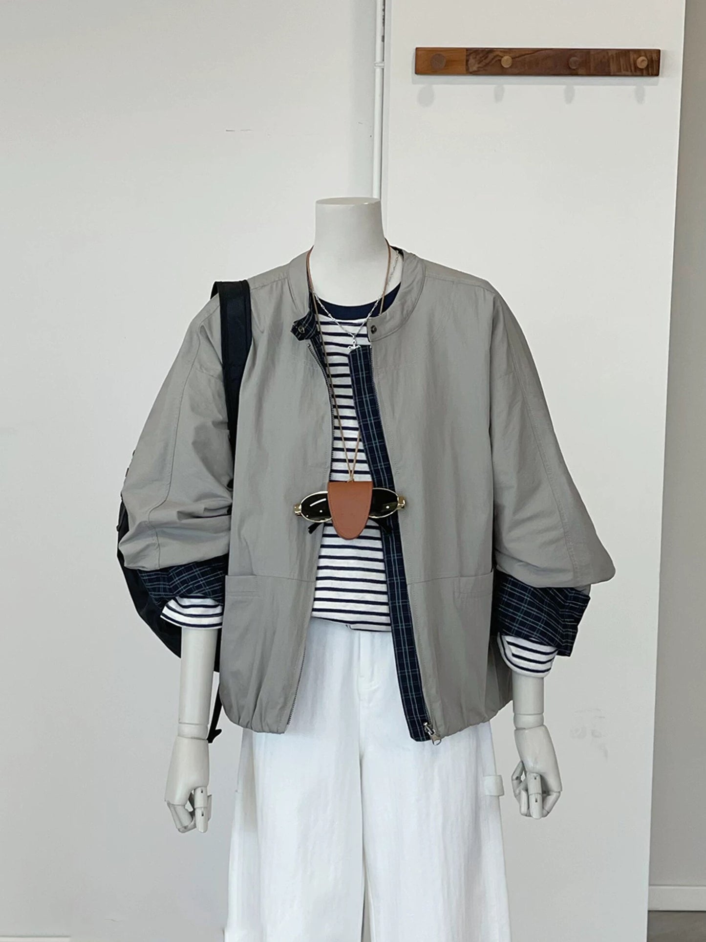 CHAO-level recommendation! Top autumn outfit~ Korean style gray stand-up collar casual cuffs contrast color jacket for women