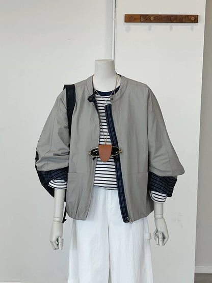 CHAO-level recommendation! Top autumn outfit~ Korean style gray stand-up collar casual cuffs contrast color jacket for women
