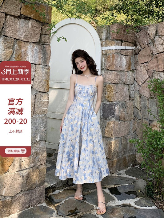 Deng Liuliu French blue oil painting long dress seaside vacation beach dress floral suspender dress women's spring high-end