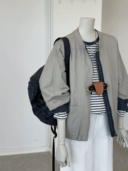 CHAO-level recommendation! Top autumn outfit~ Korean style gray stand-up collar casual cuffs contrast color jacket for women