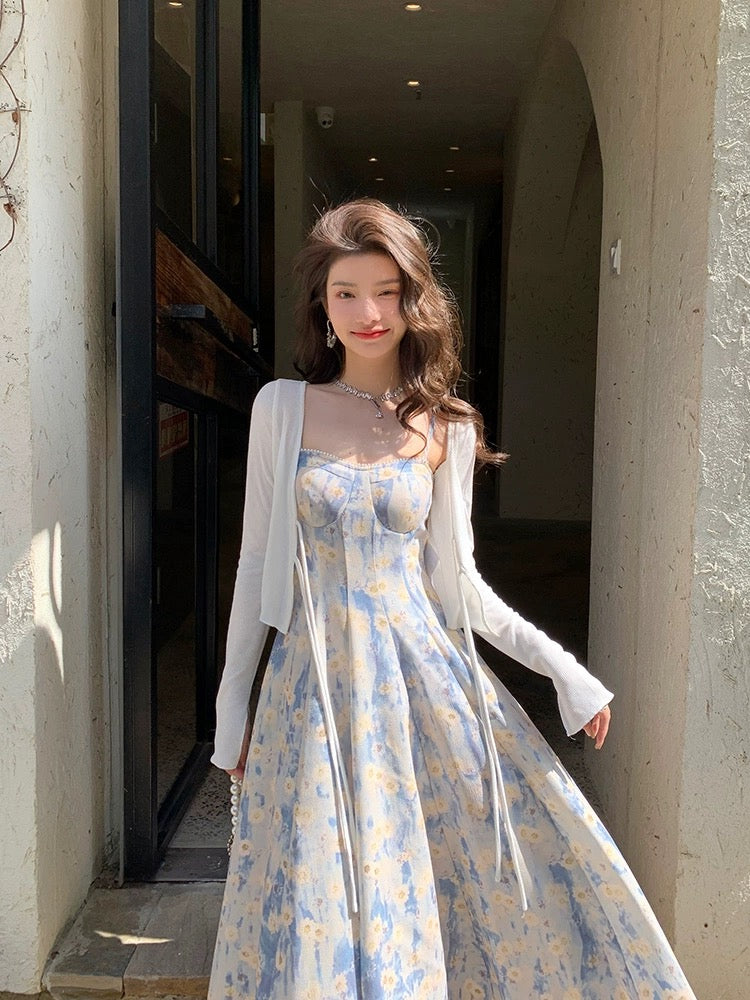 Deng Liuliu French blue oil painting long dress seaside vacation beach dress floral suspender dress women's spring high-end