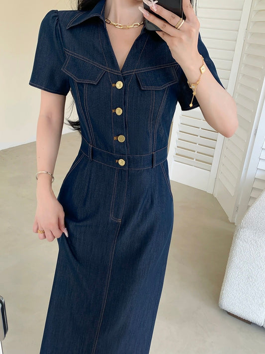 FT GUOGE blue imitation denim dress for women 2024 summer new style French retro waist slimming long skirt