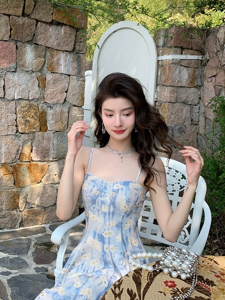 Deng Liuliu French blue oil painting long dress seaside vacation beach dress floral suspender dress women's spring high-end