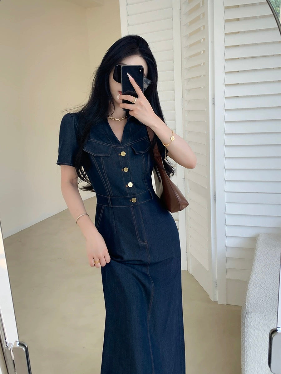 FT GUOGE blue imitation denim dress for women 2024 summer new style French retro waist slimming long skirt
