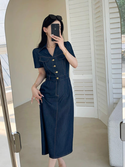 FT GUOGE blue imitation denim dress for women 2024 summer new style French retro waist slimming long skirt