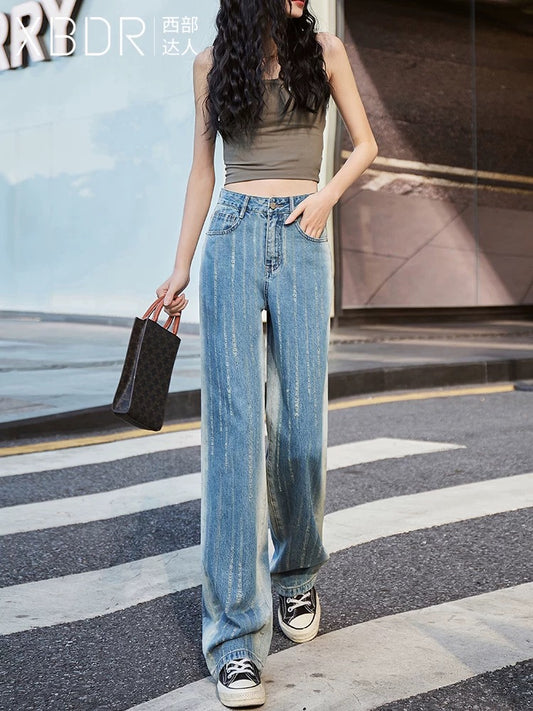 Gradient Blue High Waisted Wide Leg Straight Jeans Women's 2024 Autumn New Fashion Niche Design Floor-Mopping Pants