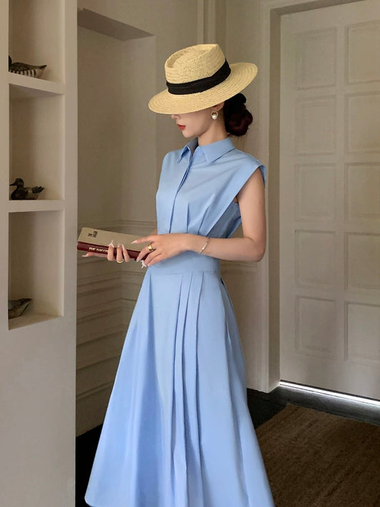Guo Ge's shirt dress 2024 summer new style waist slimming goddess style commuter blue long skirt