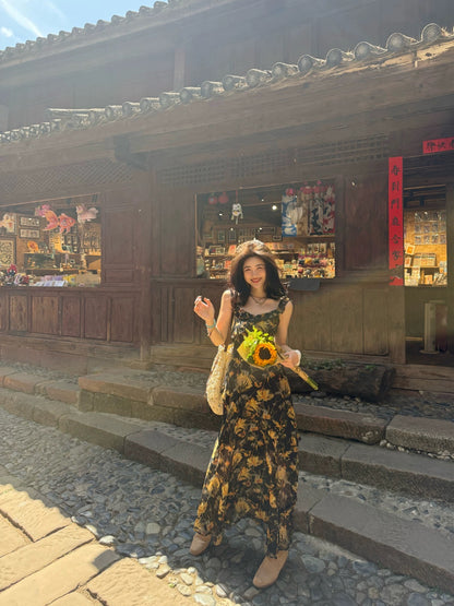 Wu Lingling [Gin & Tonic] French-style Ruffled Floral Print Sundress for Women, Summer Slimming Waist-cinching Long Dress