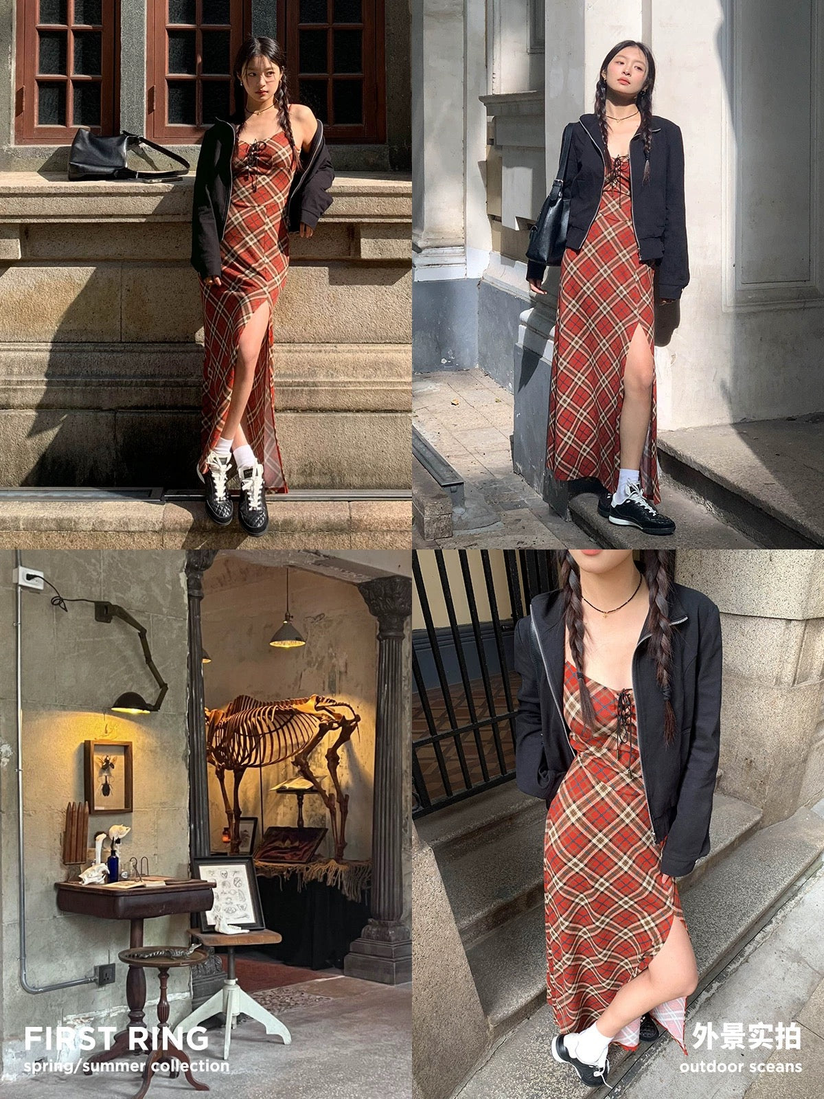 First Ring red plaid hottie slit suspender skirt dress for women with lace-up waist long skirt with breast pads