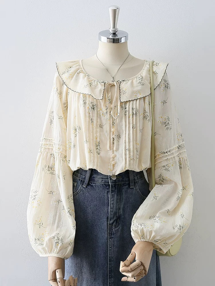 French floral doll collar long-sleeved shirt for women 2025 spring and autumn new temperament bow tie design shirt