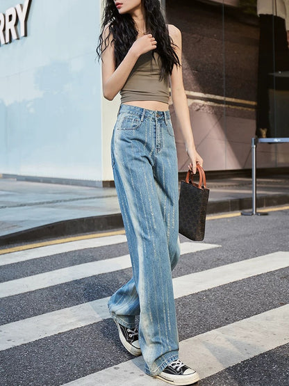 Gradient Blue High Waisted Wide Leg Straight Jeans Women's 2024 Autumn New Fashion Niche Design Floor-Mopping Pants