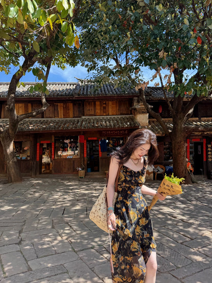 Wu Lingling [Gin & Tonic] French-style Ruffled Floral Print Sundress for Women, Summer Slimming Waist-cinching Long Dress