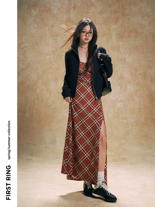 First Ring red plaid hottie slit suspender skirt dress for women with lace-up waist long skirt with breast pads