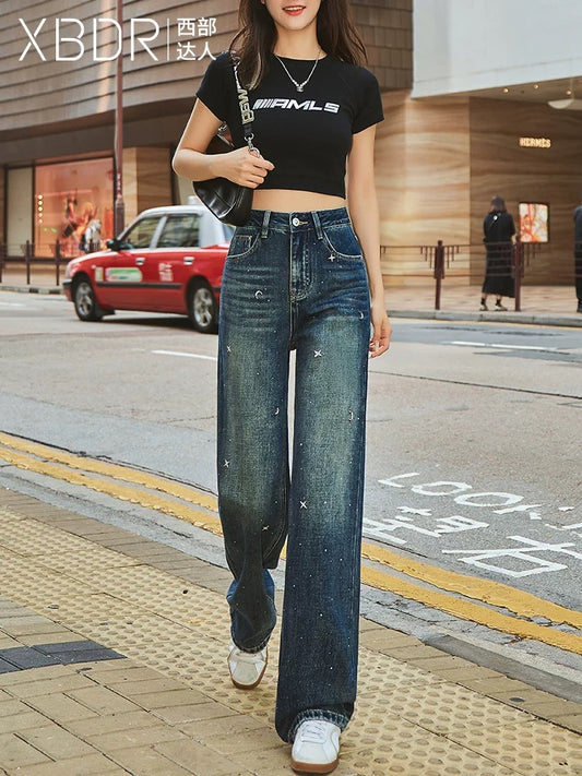 High waistband diamond straight wide leg jeans for women slimming 2024 autumn and winter new design heavy industry trendy brand trousers