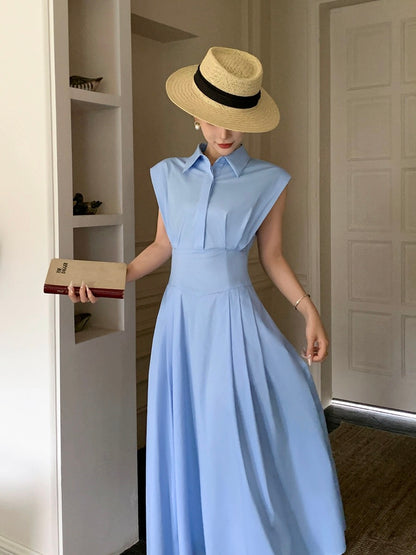 Guo Ge's shirt dress 2024 summer new style waist slimming goddess style commuter blue long skirt