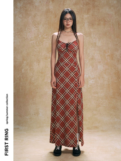 First Ring red plaid hottie slit suspender skirt dress for women with lace-up waist long skirt with breast pads