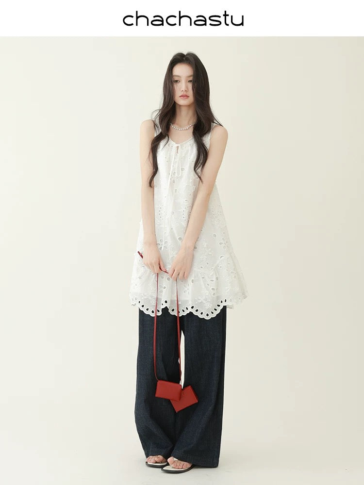 CHACHASTU [Summer Prologue] Holiday style three-dimensional embroidered small flower two-wear vest dress