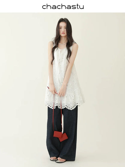 CHACHASTU [Summer Prologue] Holiday style three-dimensional embroidered small flower two-wear vest dress