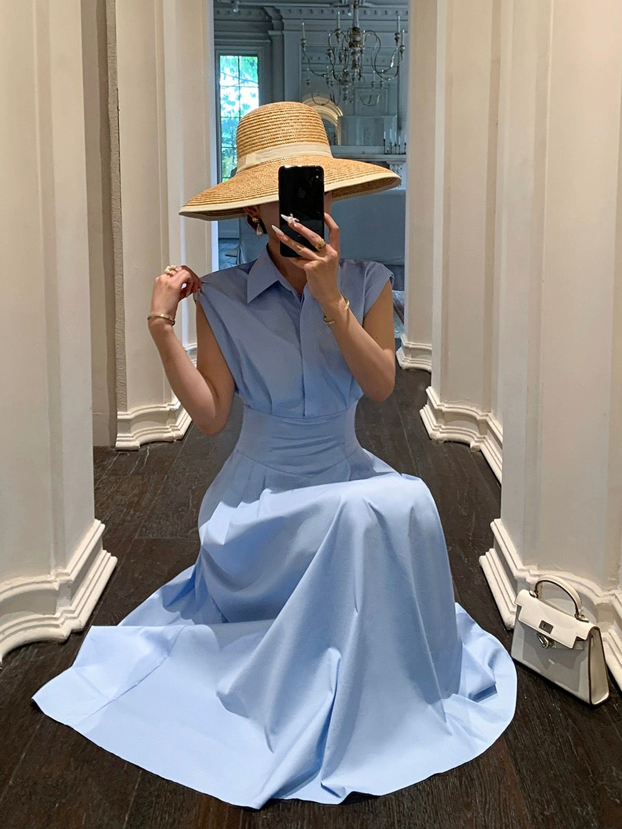 Guo Ge's shirt dress 2024 summer new style waist slimming goddess style commuter blue long skirt