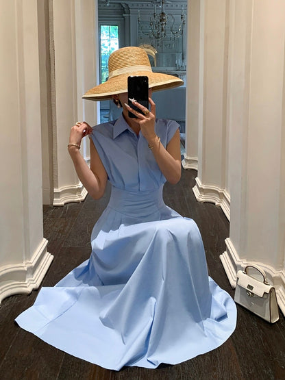 Guo Ge's shirt dress 2024 summer new style waist slimming goddess style commuter blue long skirt