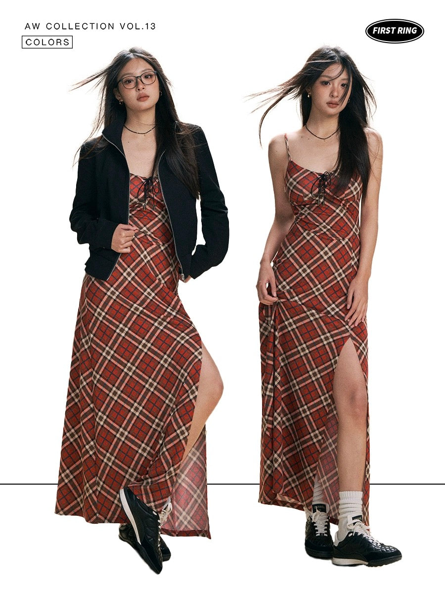 First Ring red plaid hottie slit suspender skirt dress for women with lace-up waist long skirt with breast pads