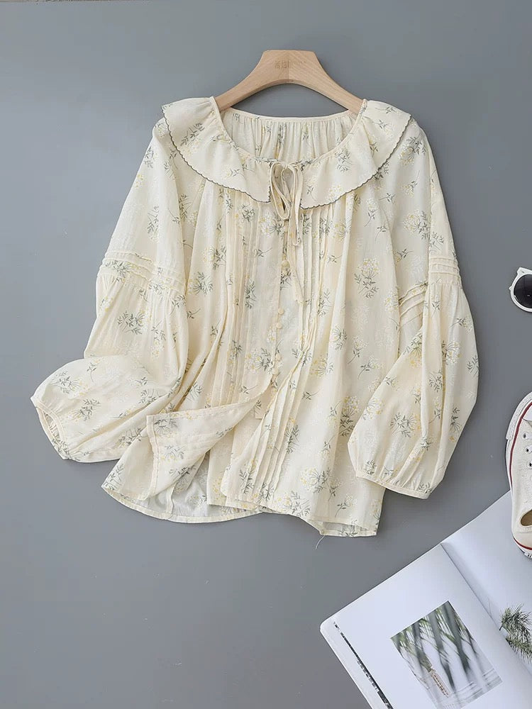 French floral doll collar long-sleeved shirt for women 2025 spring and autumn new temperament bow tie design shirt